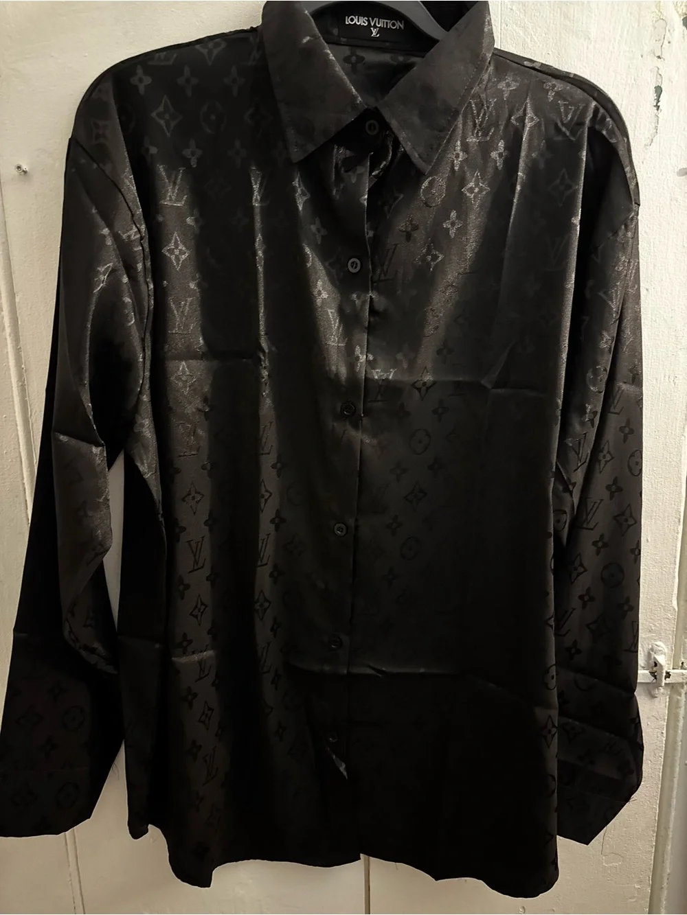 Brand New Fashion top Black Monogram Satin Button-Up Shirt